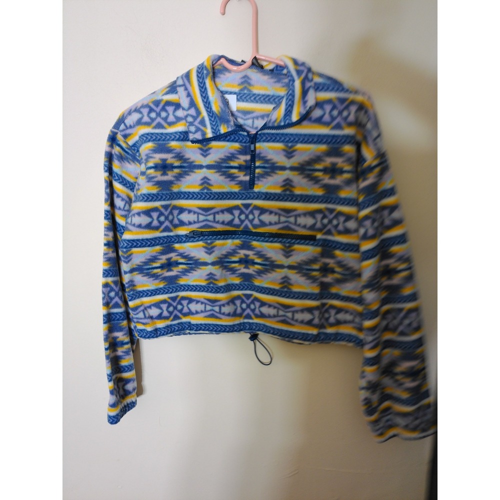 Forever 21 Fleece Pullover Women Medium Blue Multi Vtg Inspo Aztec Cropped Boho